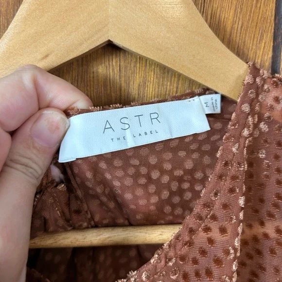 ASTR The Label Ginger Ruched Ruffle Midi Dress Brown Polka Dot Sheer‎ Sleeve M - Picture 8 of 8